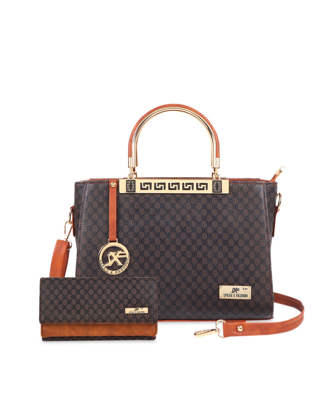 

SXF SPEED X FASHION Tan Textured PU Structured Handheld Bag with Cut Work