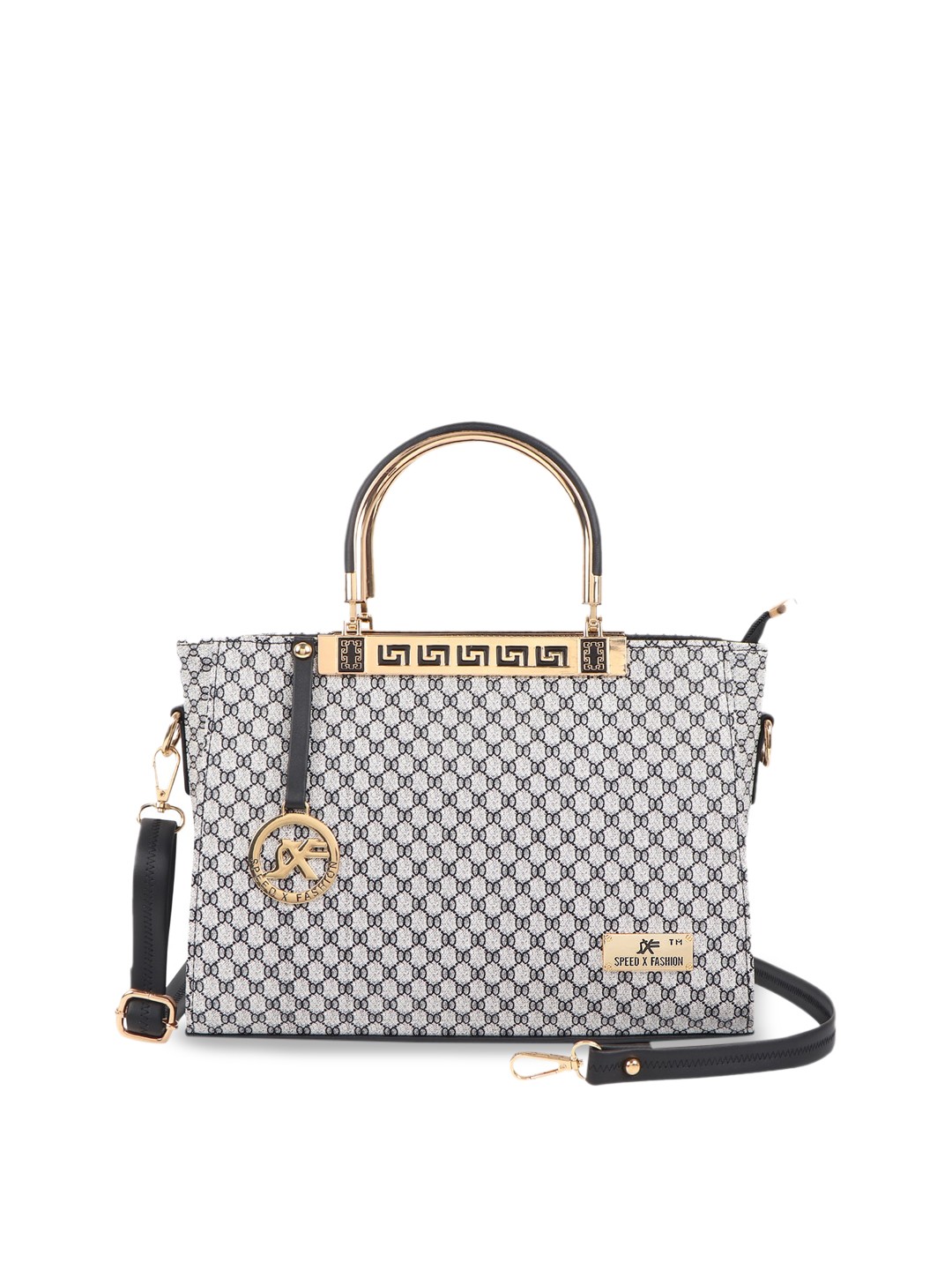 

SXF SPEED X FASHION Black Geometric Printed Structured Handheld Bag