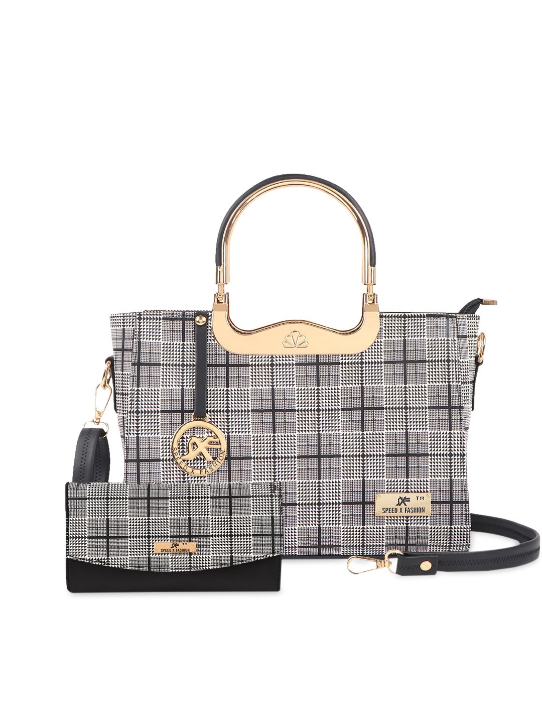 

SXF SPEED X FASHION Black Checked PU Structured Handheld Bag