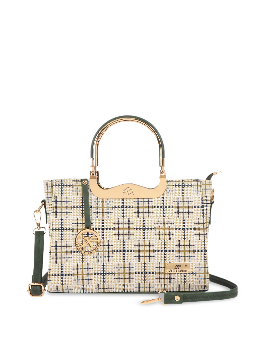 

SXF SPEED X FASHION Green Checked PU Shopper Handheld Bag with Tasselled