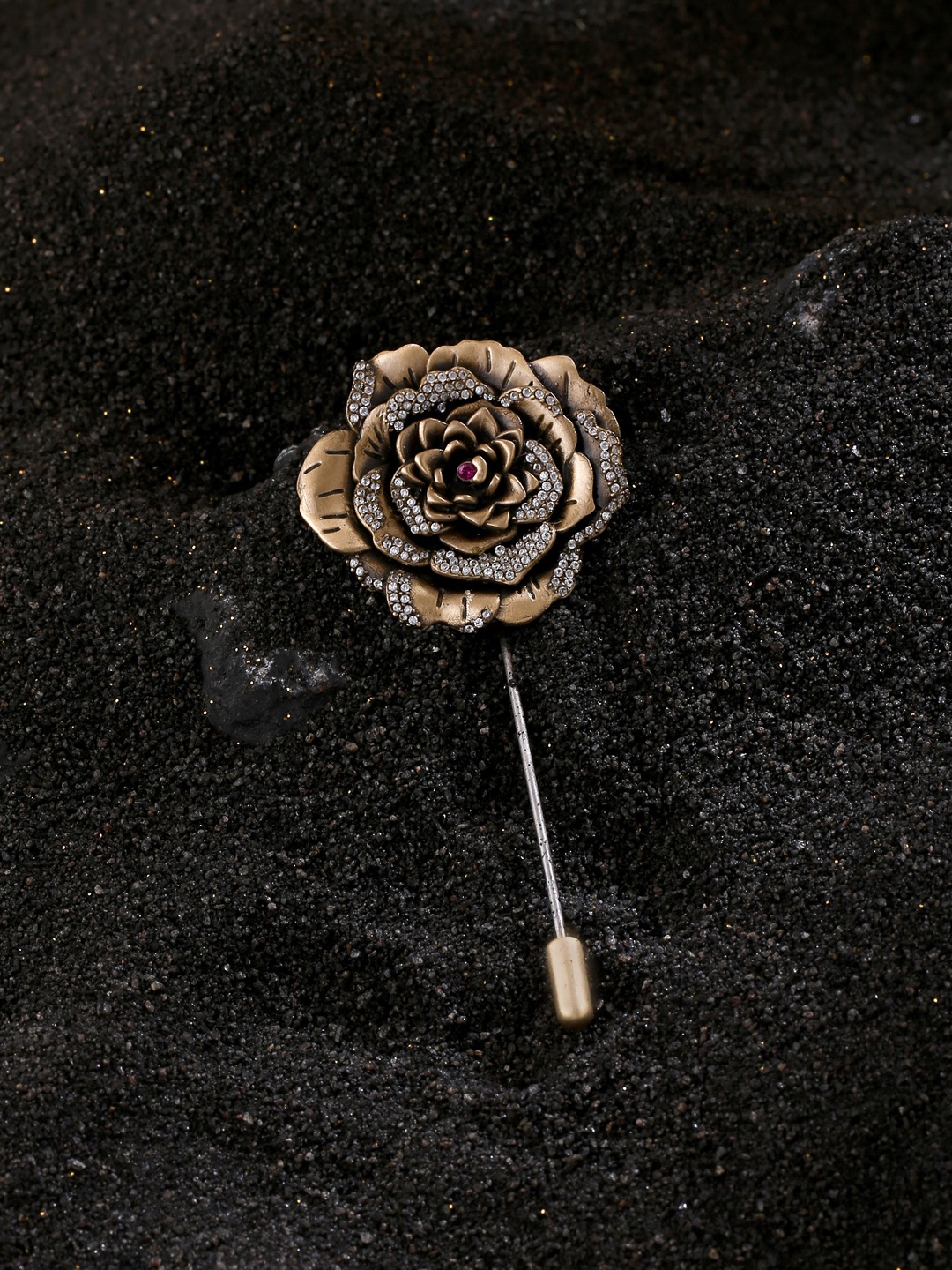 

COSA NOSTRAA Men Metallic Colored & White Stone Studded Regal Rose Lapel Pin
