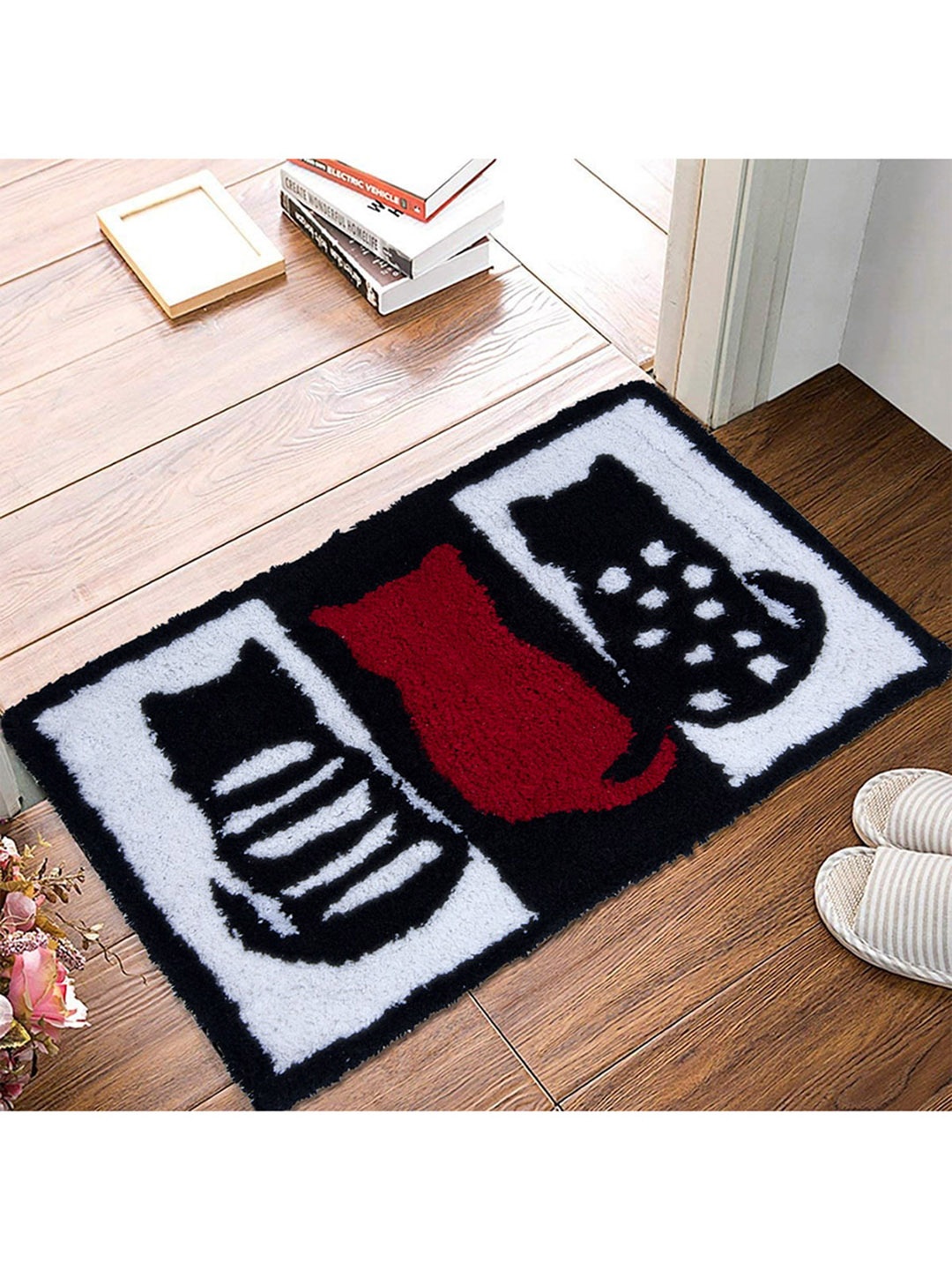

AAZEEM Maroon & Black Cotton Anti-Skid Doormat