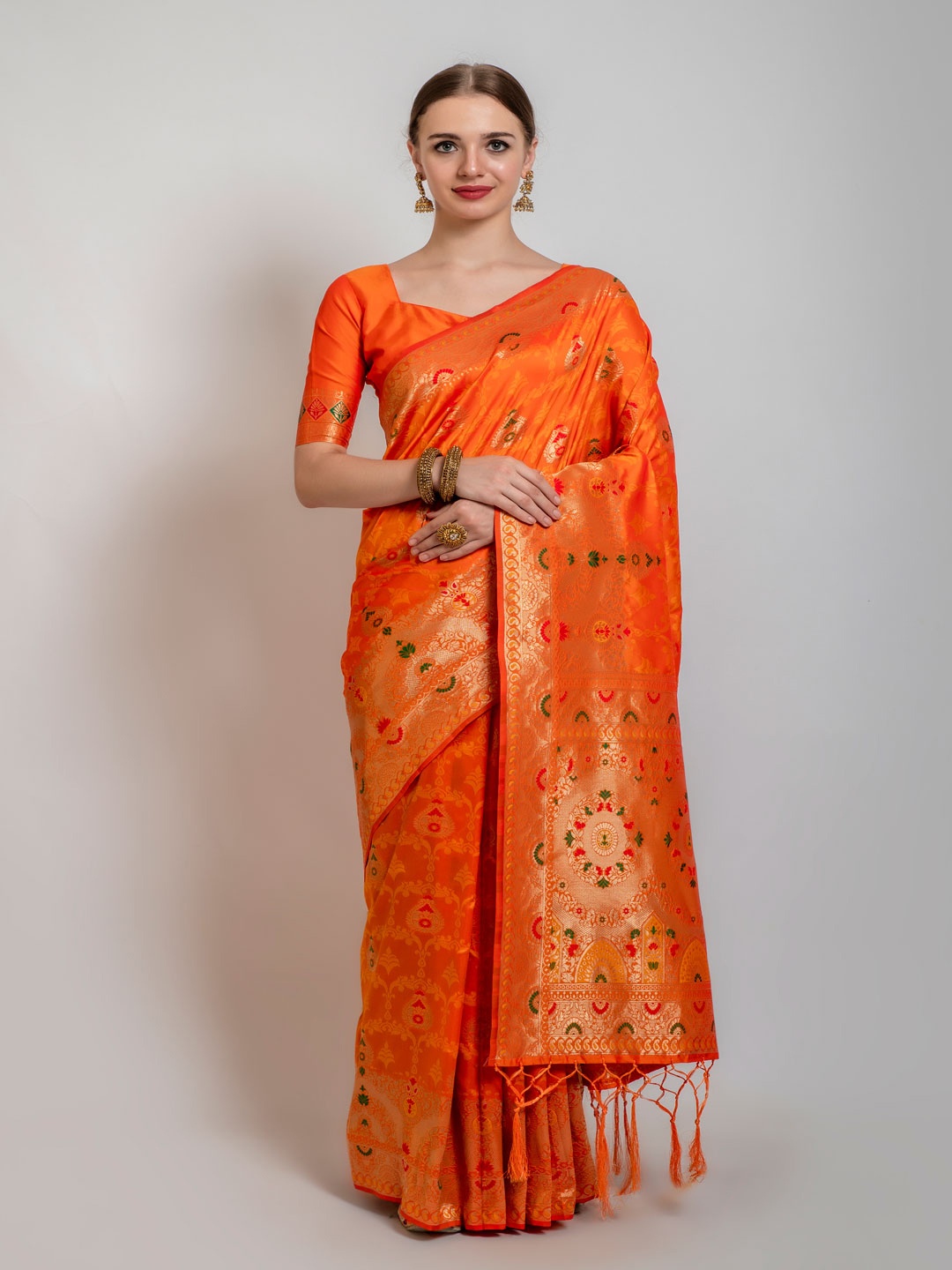 

Lilots Orange & Gold-Toned Woven Design Zari Heavy Work Banarasi Saree