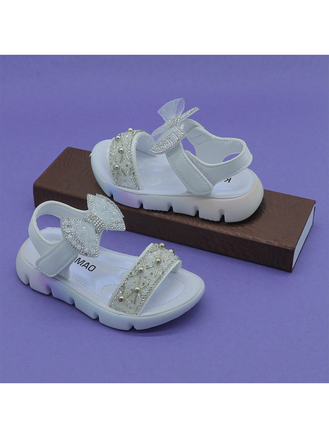 

FEETWELL SHOES Girls White Embellished Party Open Toe Flats with Bows