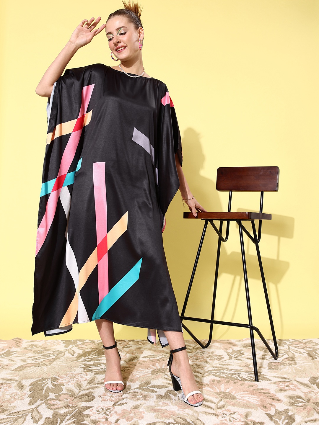 

StyleStone Women Black Striped New Age Kaftan Dress