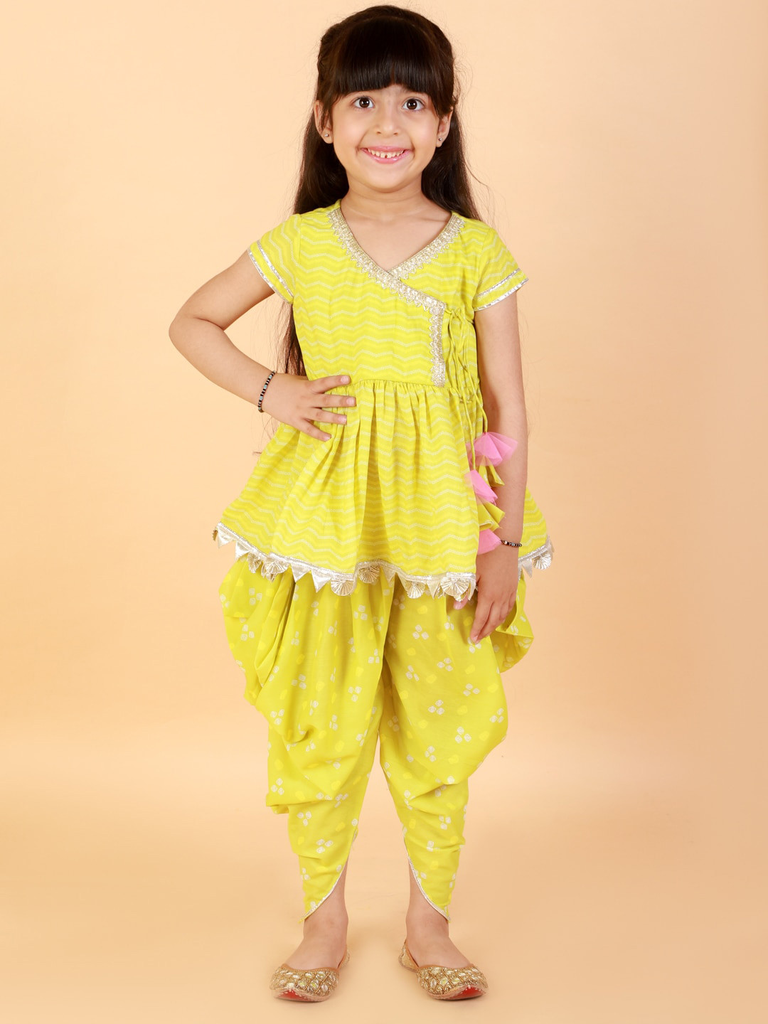 

LIL DRAMA Girls Lime Green Angrakha Pure Cotton Kurti with Dhoti Pants
