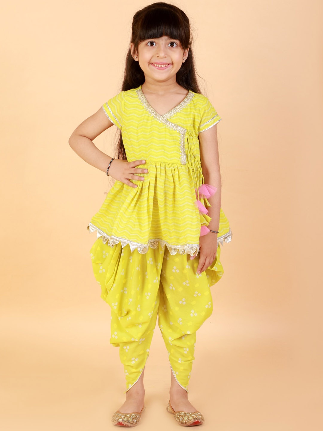 

LIL DRAMA Girls Lime Green Angrakha Pure Cotton Kurti with Dhoti Pants
