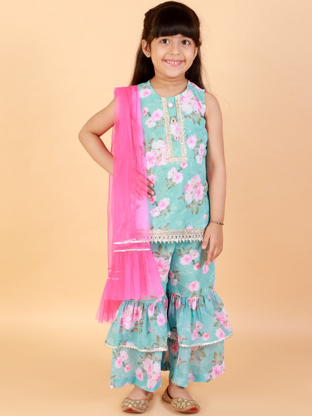 

LIL DRAMA Girls Blue Floral Printed Top with Sharara & With Dupatta