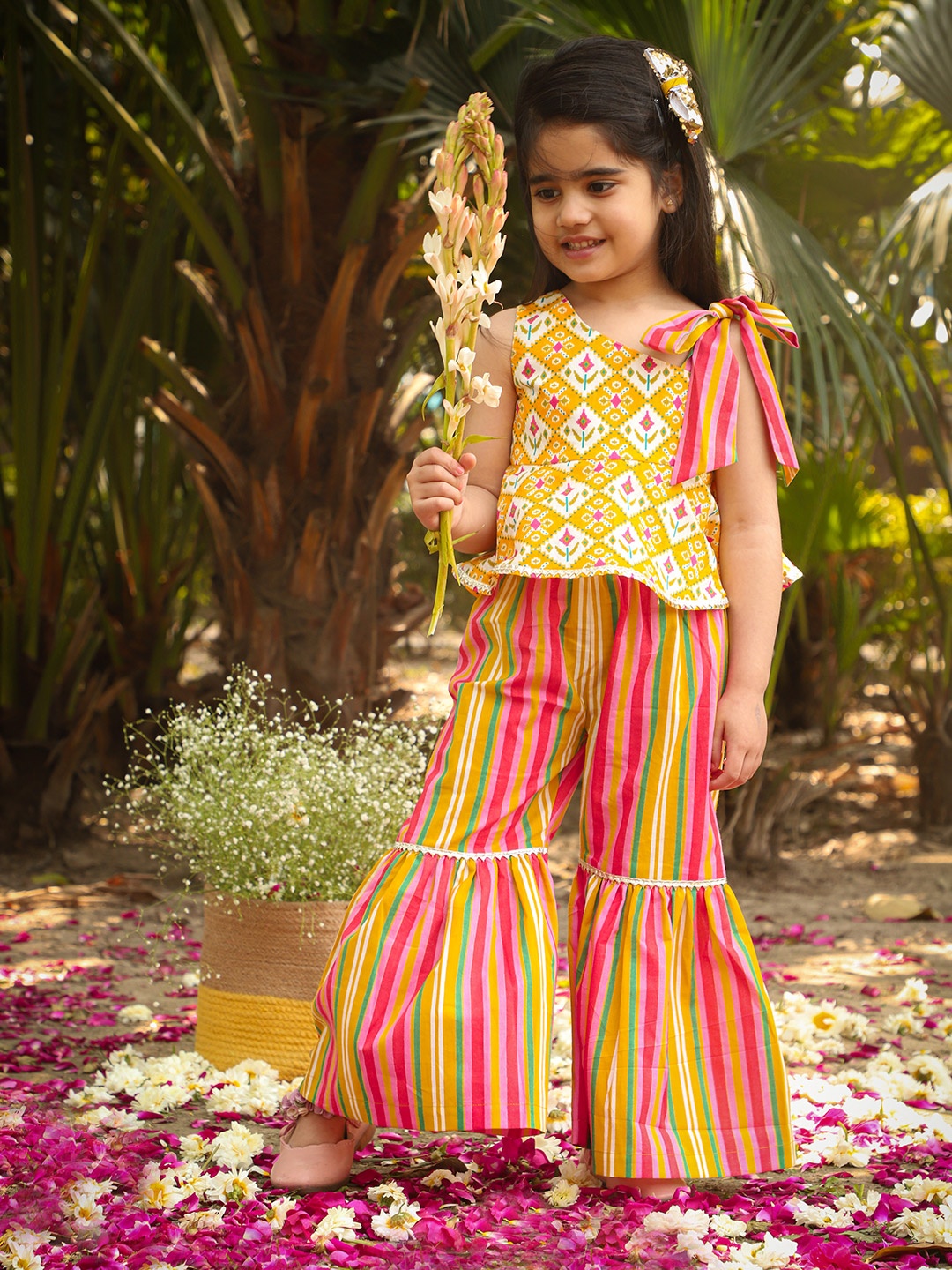 

LIL DRAMA Girls Yellow & Pink Printed Pure Cotton Top with Palazzos