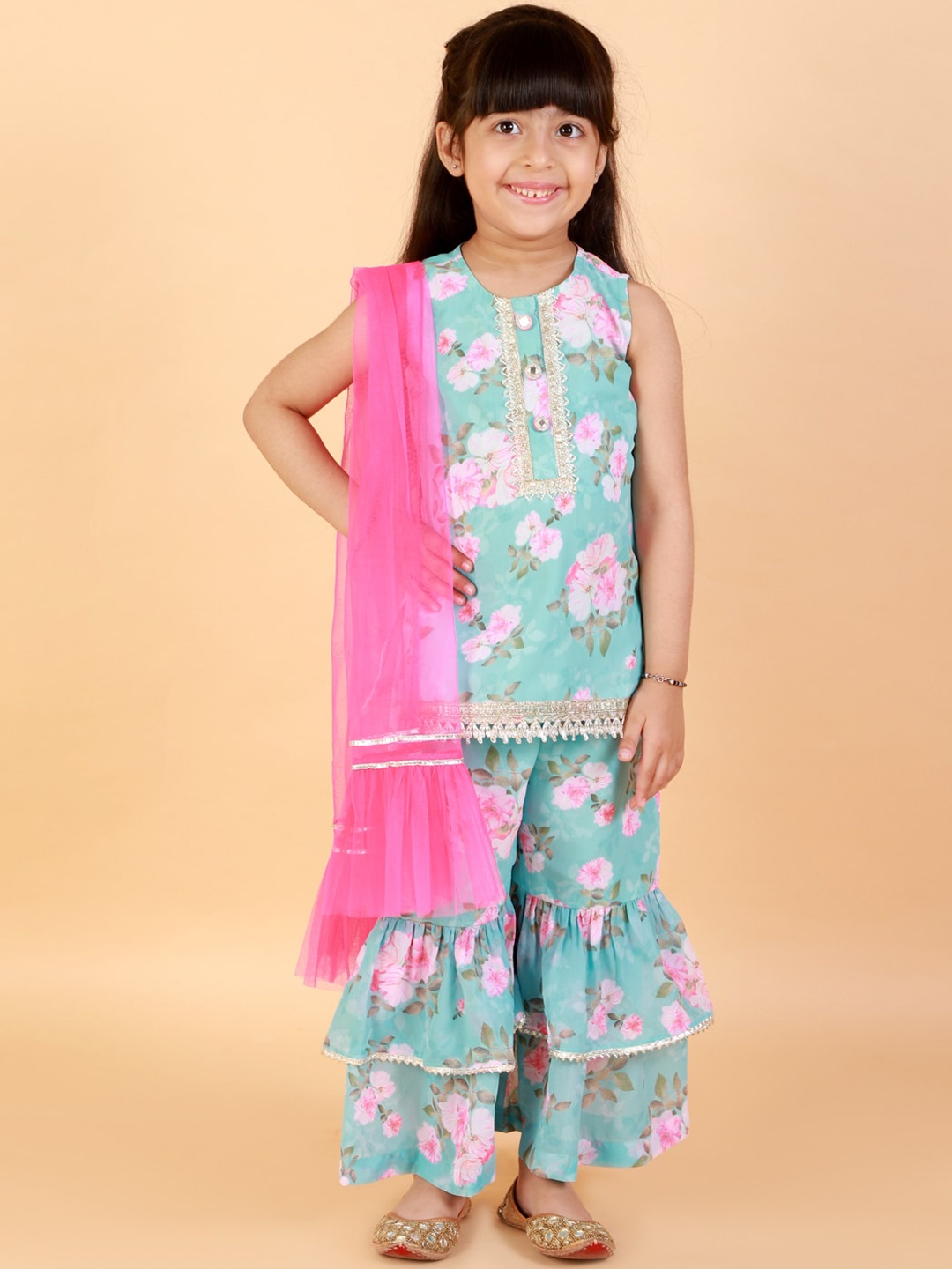 

LIL DRAMA Girls Blue Floral Printed Top with Sharara & With Dupatta