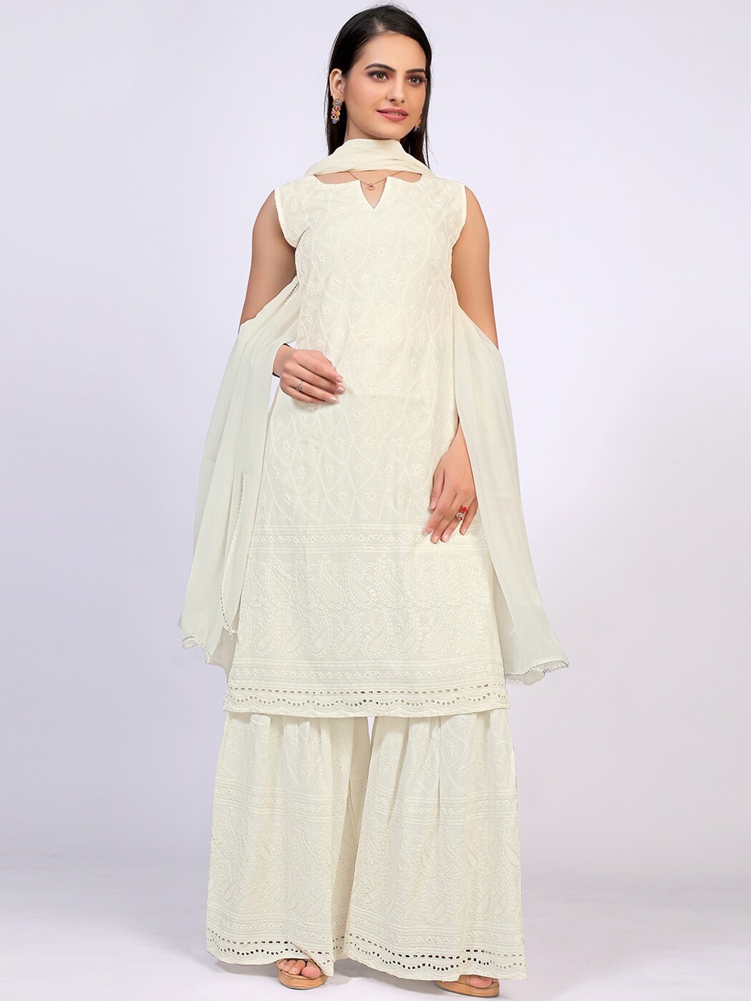 

PRENEA Women Off White Embroidered Kurta with Skirt & With Dupatta