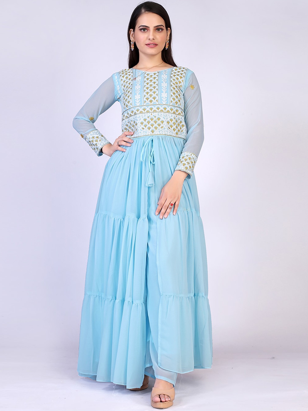 

PRENEA Women Blue Floral Embroidered Tiered Kurti with Sharara & With Dupatta