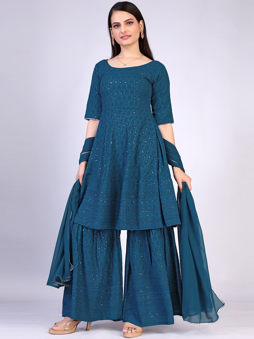 

PRENEA Women Turquoise Blue Printed Panelled Kurti with Sharara & With Dupatta