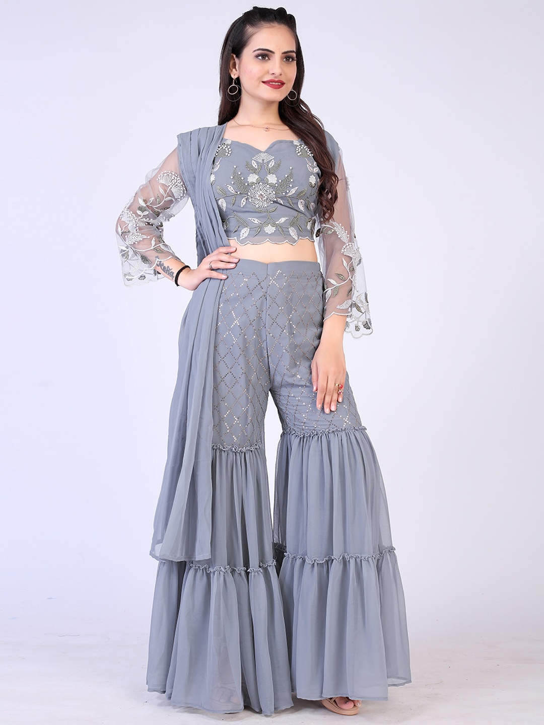 

PRENEA Women Grey Yoke Design Tiered Kurti with Skirt & With Dupatta