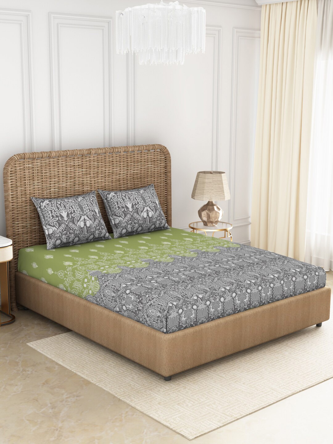 

SPACES Green & Grey Ethnic Motifs 144 TC King Bedsheet with 2 Pillow Covers