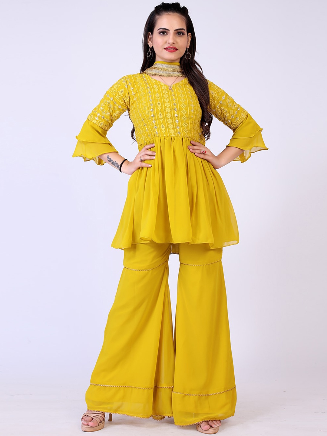 

PRENEA Women Yellow Yoke Design High Slit Kurti with Sharara