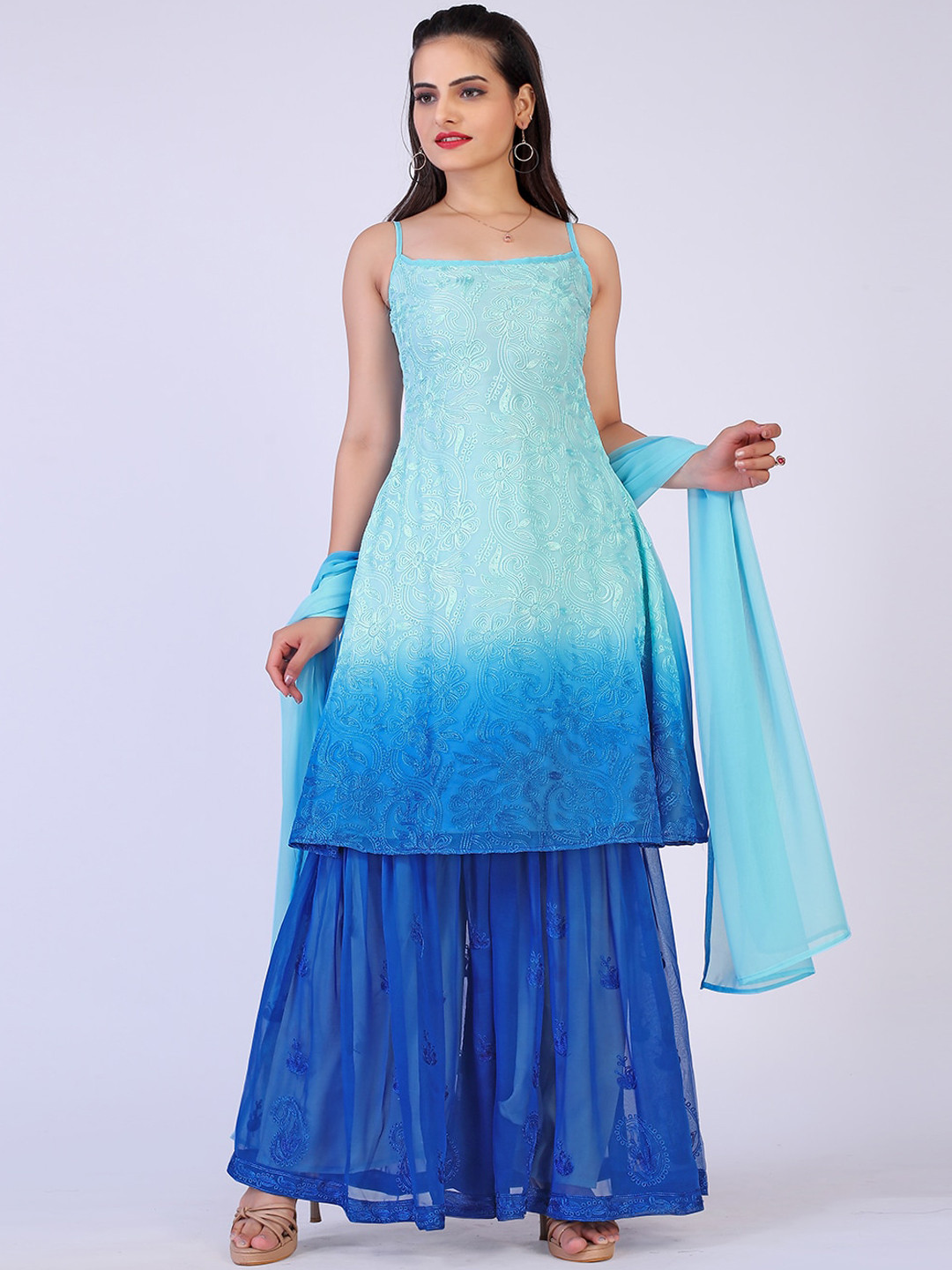 

PRENEA Women Blue Yoke Design Panelled Kurti with Sharara & With Dupatta