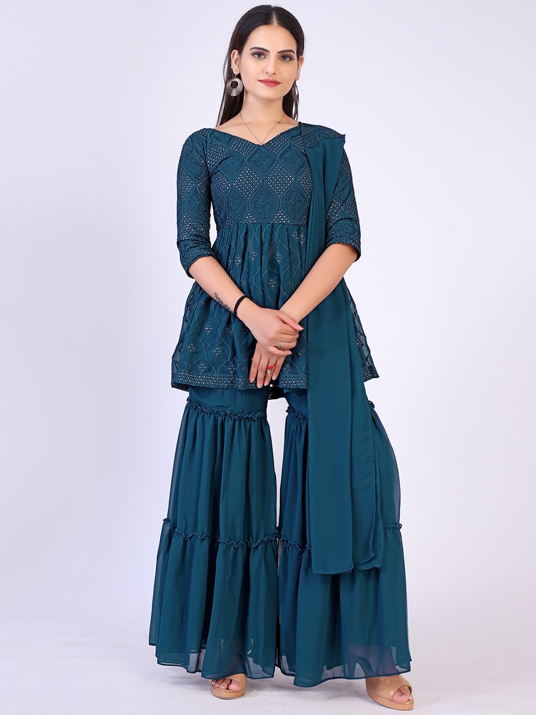 

PRENEA Women Teal Kurti with Sharara & With Dupatta