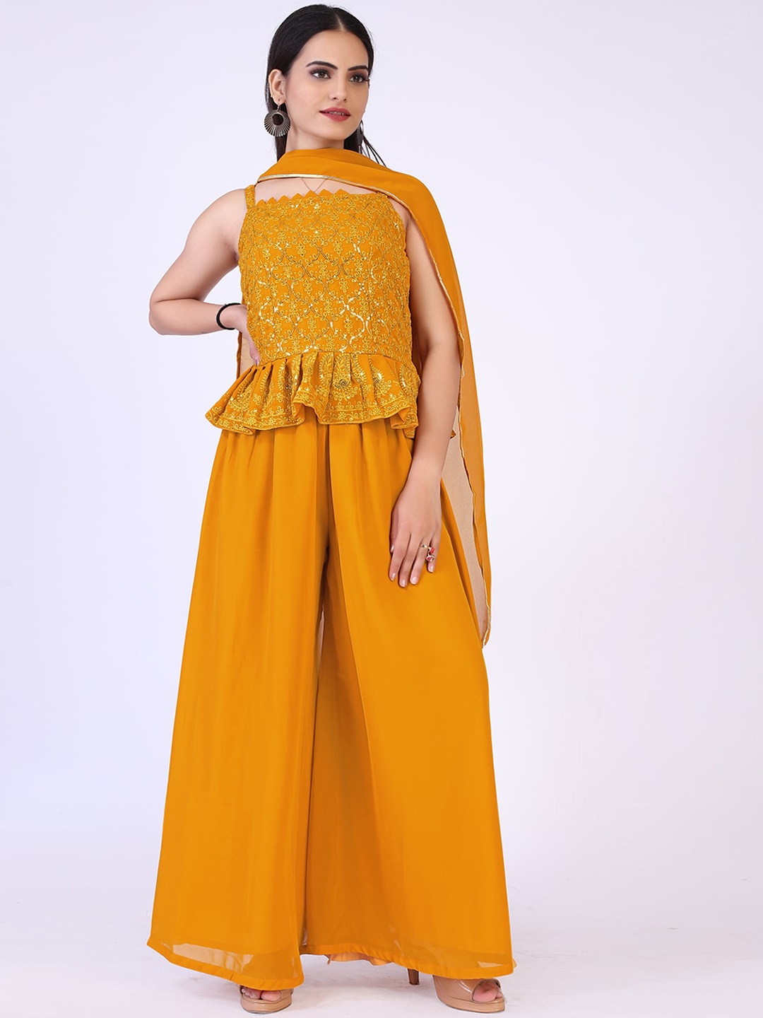 

PRENEA Women Mustard Yellow Embroidered Top with Sharara