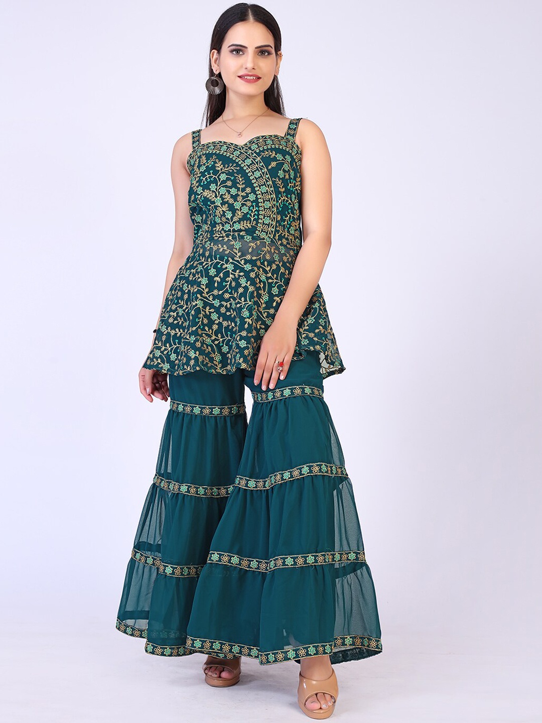 

PRENEA Women Green Embroidered High Slit Kurti with Sharara & With Dupatta