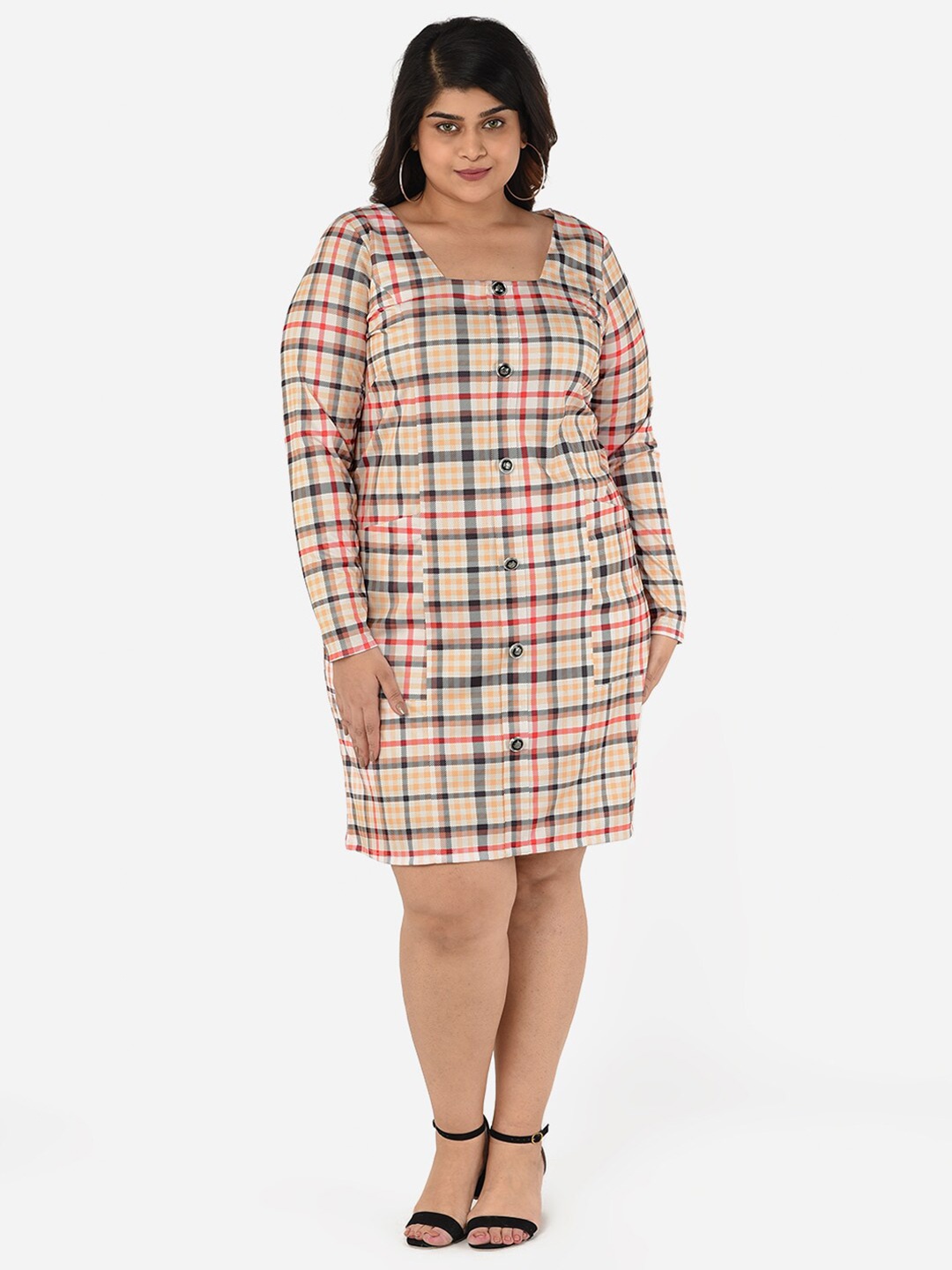 

Curvy Clan Plus Size Beige Checked Scuba A-Line Dress