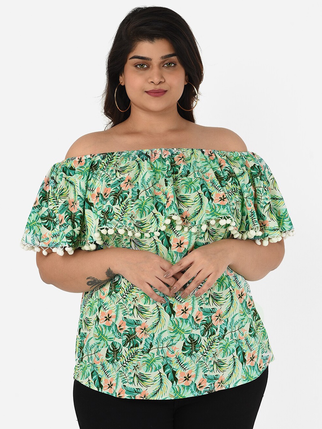 

Curvy Clan Plus Size Green Floral Print Off-Shoulder Bardot Top
