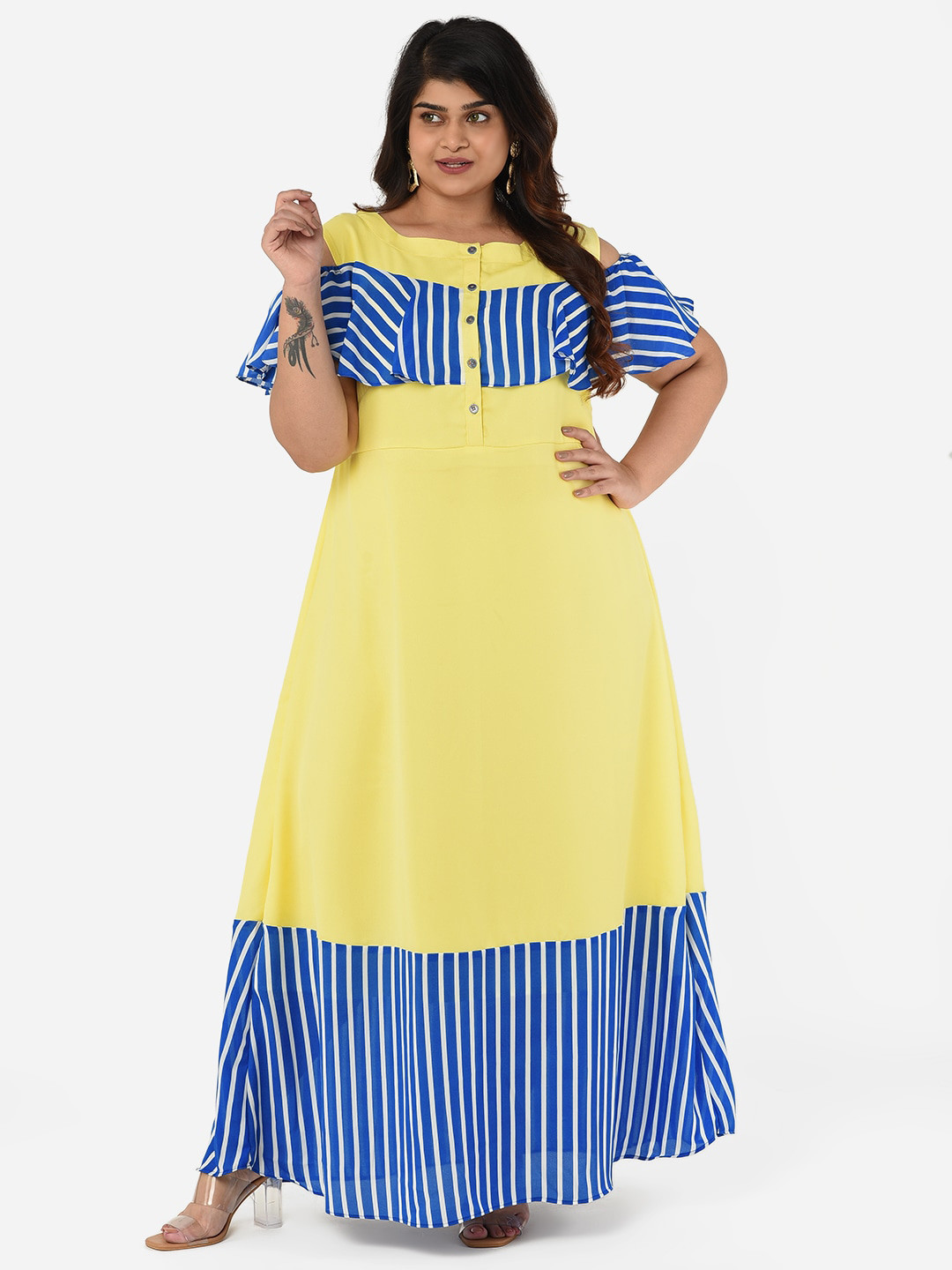 

Curvy Clan Plus Size Yellow Striped Crepe Maxi Dress