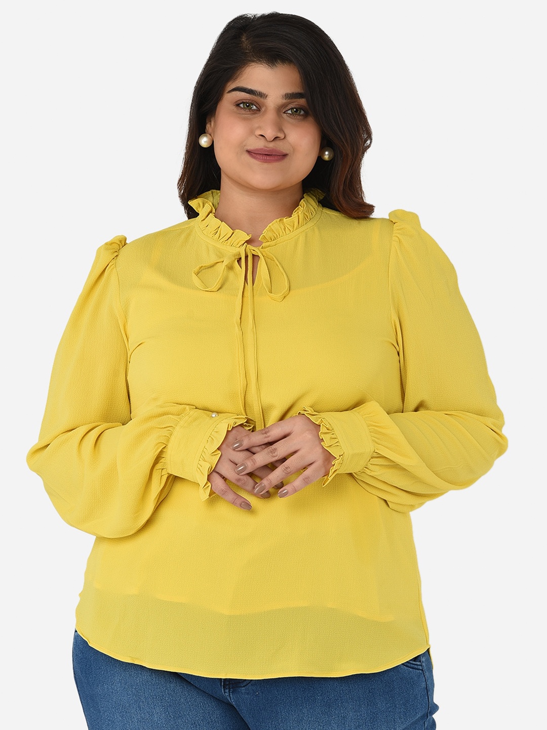 

Curvy Clan Yellow Plus Size Tie-Up Neck Top