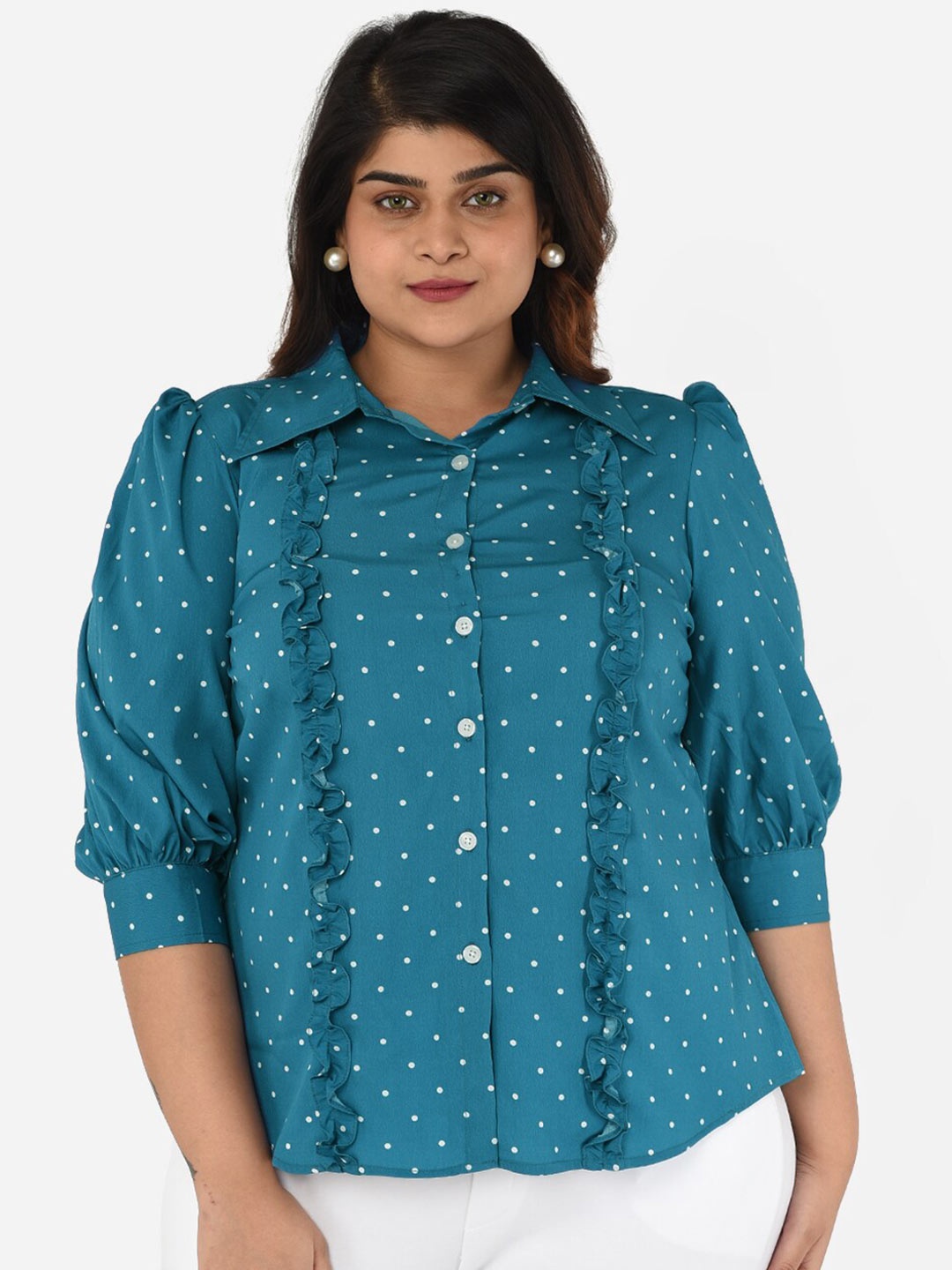 

Curvy Clan Plus Size Blue Print Crepe Shirt Style Top