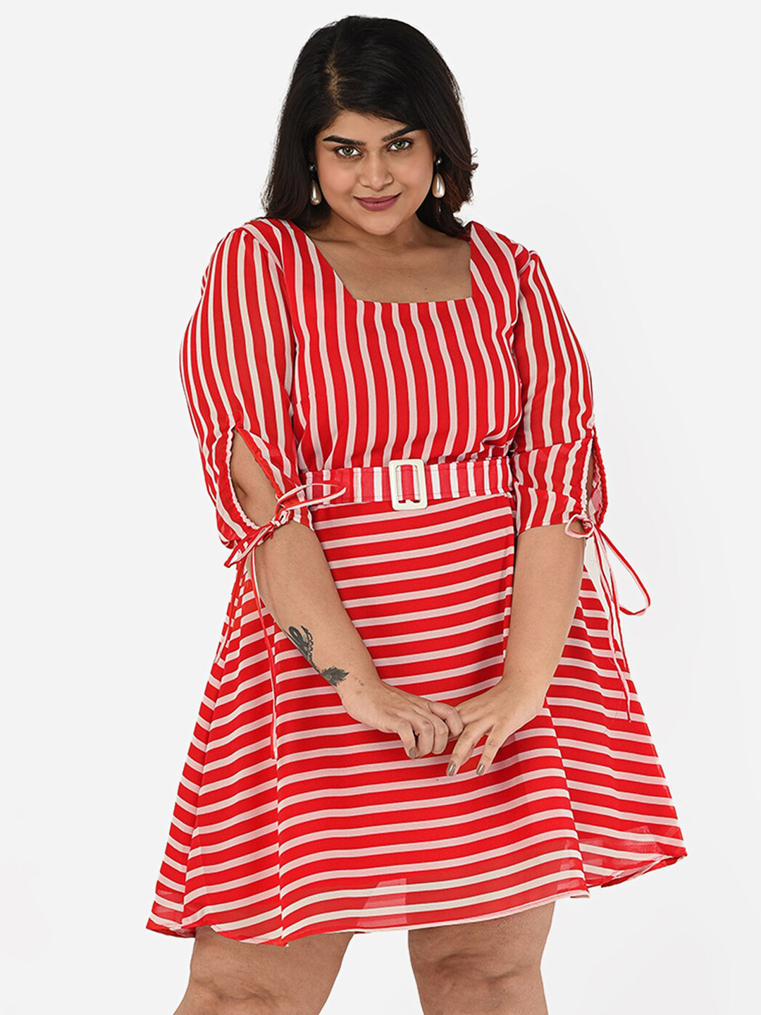 

Curvy Clan Plus Size Red Striped Crepe Dress