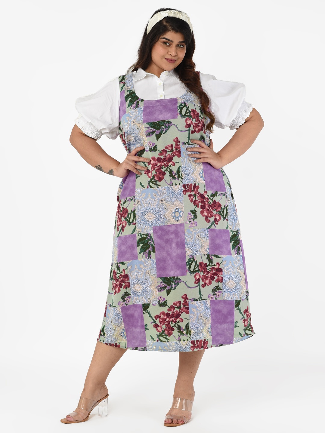 

Curvy Clan White Plus Size Floral Crepe A-Line Midi Dress