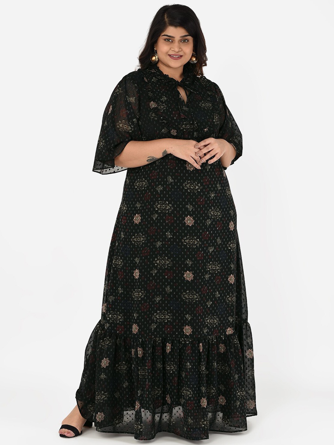 

Curvy Clan Black Plus Size Floral Choker Neck Chiffon Maxi Dress