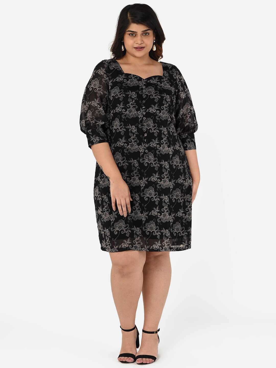 

Curvy Clan Black Plus Size Floral Crepe A-Line Dress