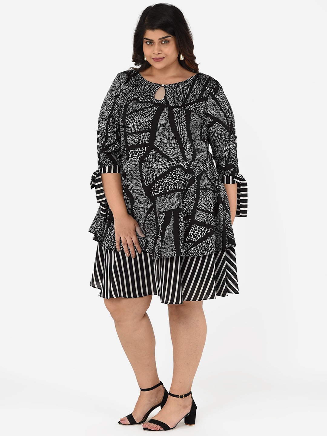 

Curvy Clan Black Plus Size Tie-Up Neck Crepe A-Line Dress