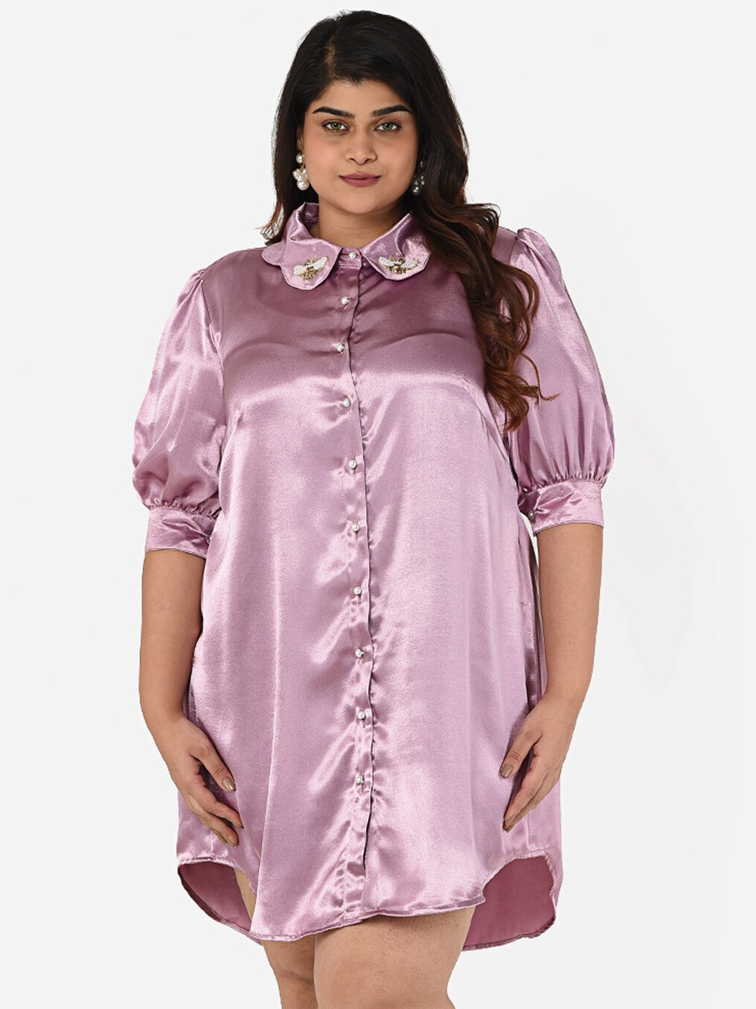

Curvy Clan Plus Size Lavender Satin Shirt Dress