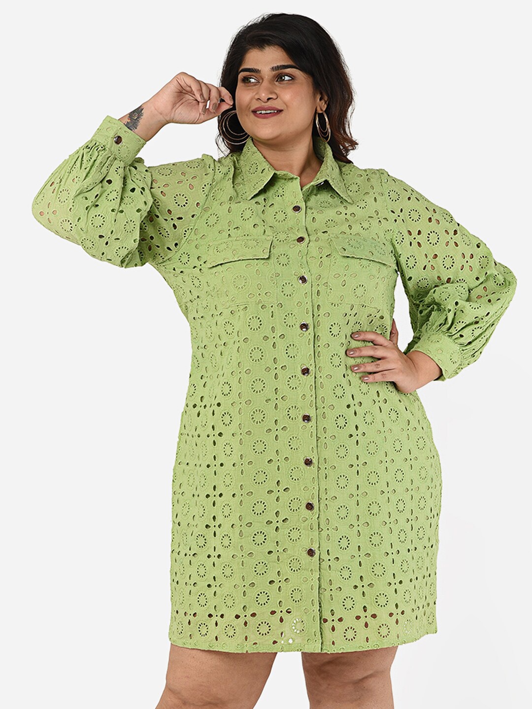 

Curvy Clan Green Plus Size Schiffli Shirt Dress