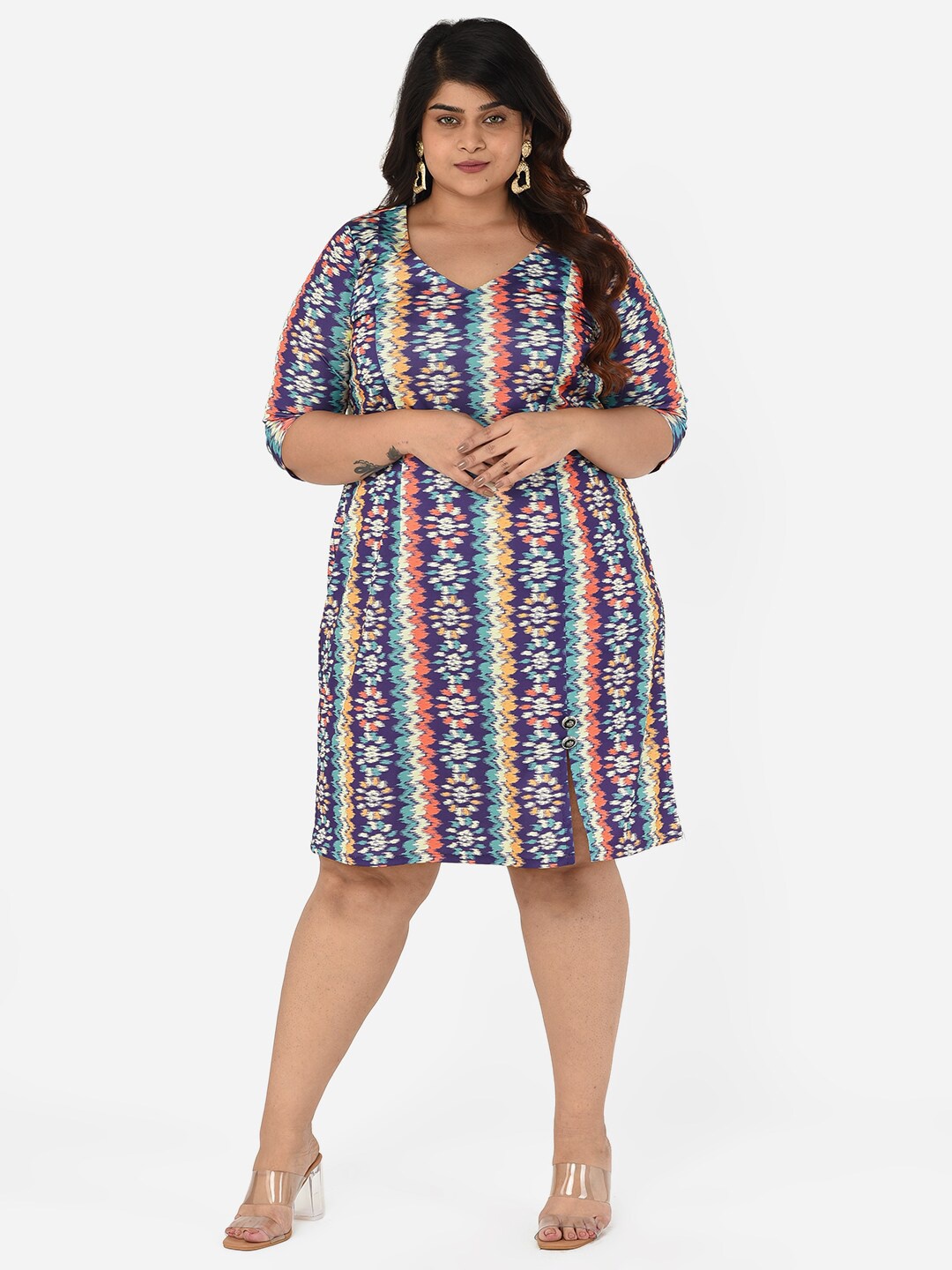 

Curvy Clan Plus Size Multicoloured Ethnic Motifs Scuba A-Line Dress, Multi
