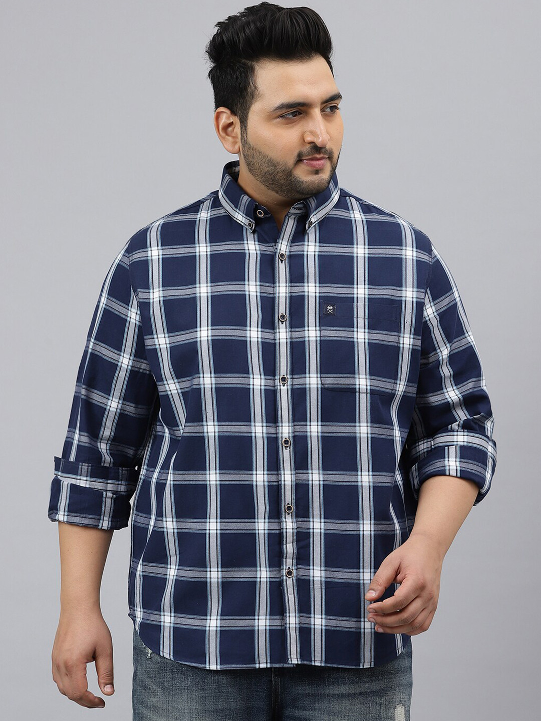 

Thomas Scott Plus Size Men Navy Blue Tartan Checks Checked Casual Shirt