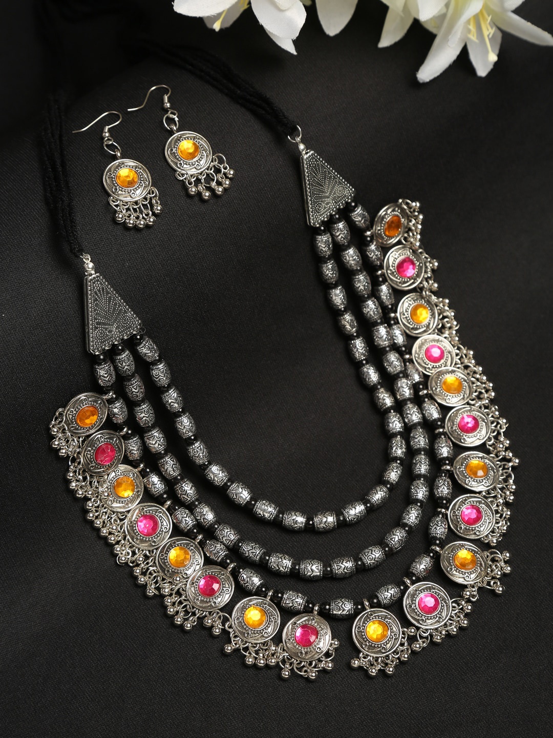 

YouBella Oxidised Silver-Toned Pink & Yellow Stone Studded Jewellery Set