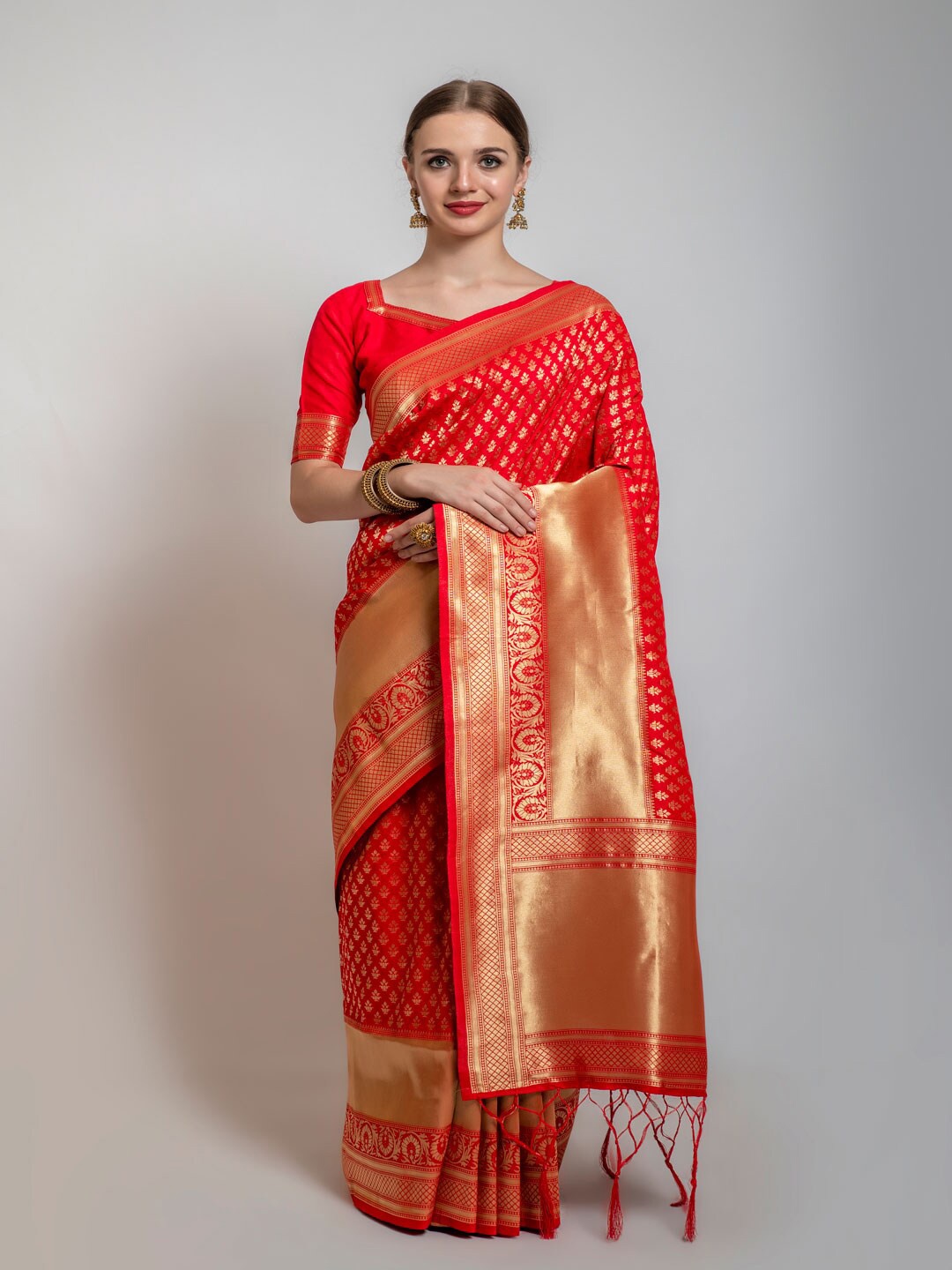 

Lilots Red & Golden Woven Design Zari Banarasi Saree