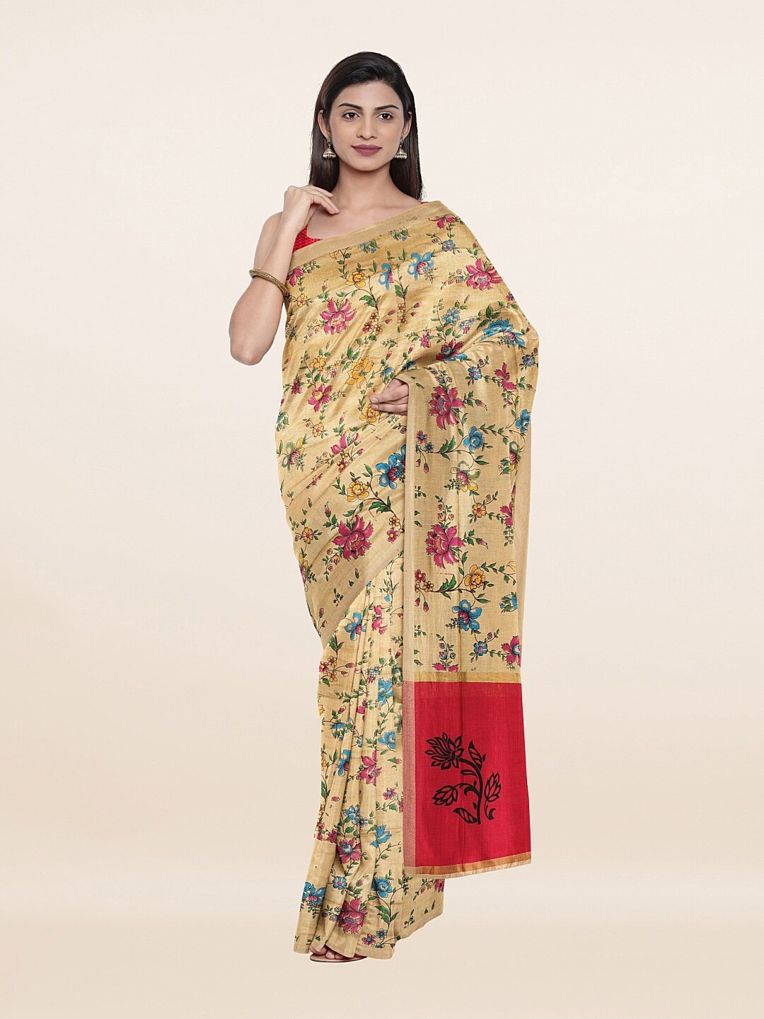 

Pothys Cream-Coloured & Maroon Floral Print Pure Cotton Saree