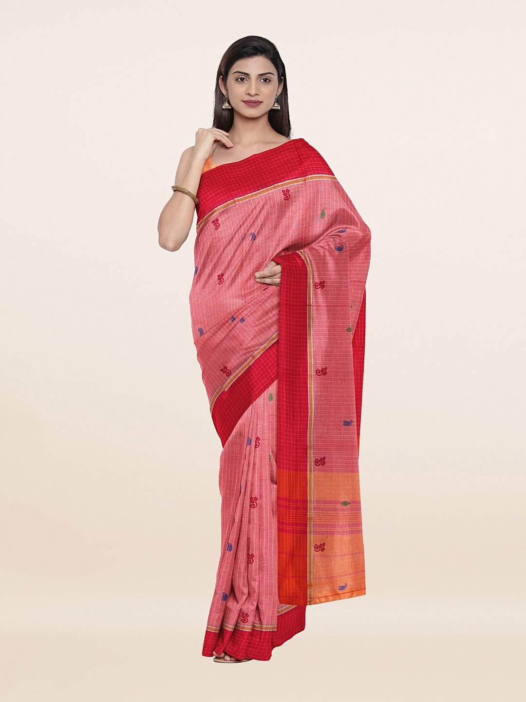 

Pothys Pink & White Ethnic Motifs Pure Cotton Saree