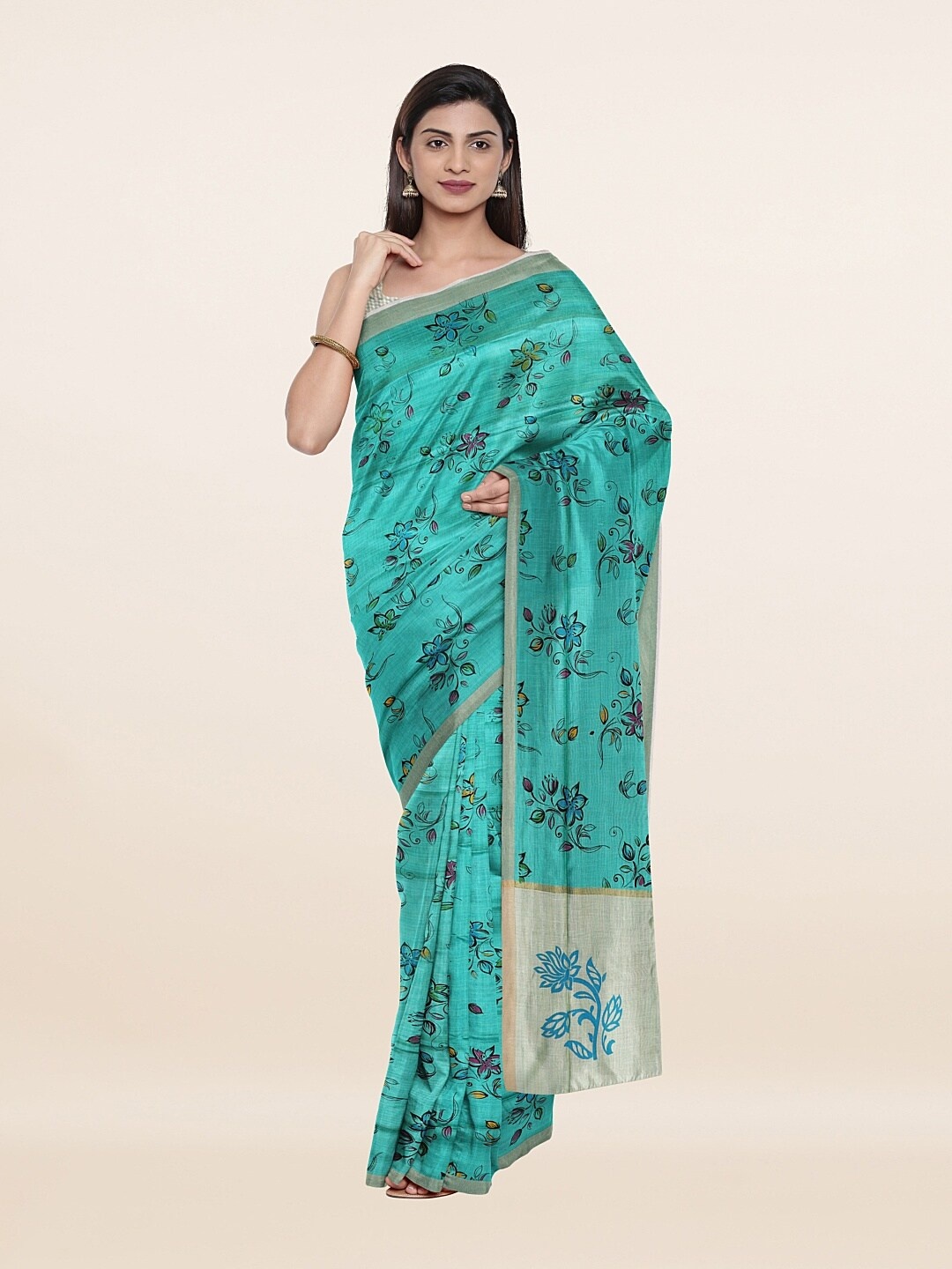 

Pothys Blue & Black Floral Print Pure Cotton Saree