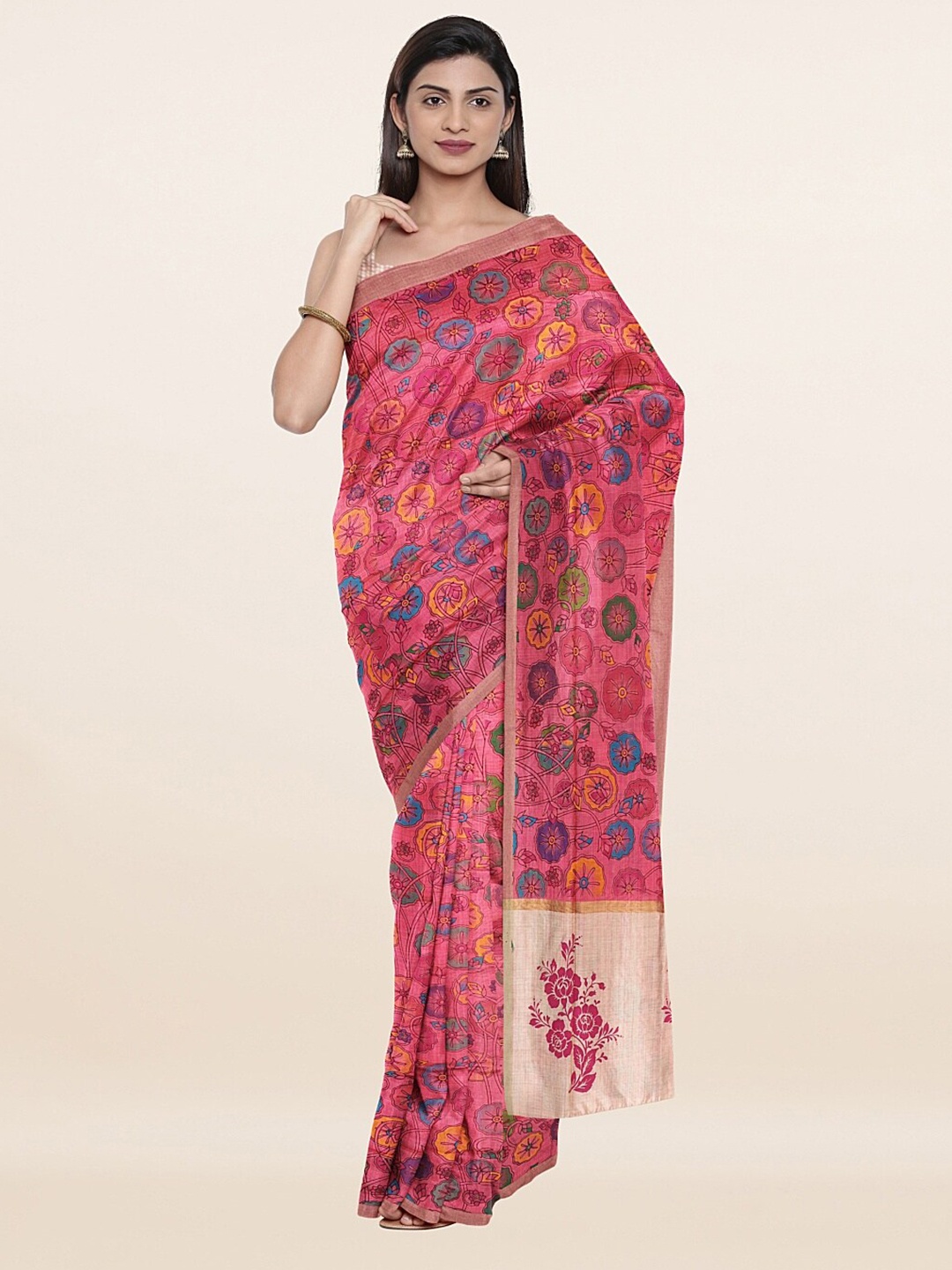 

Pothys Women Pink & Blue Print Sarees
