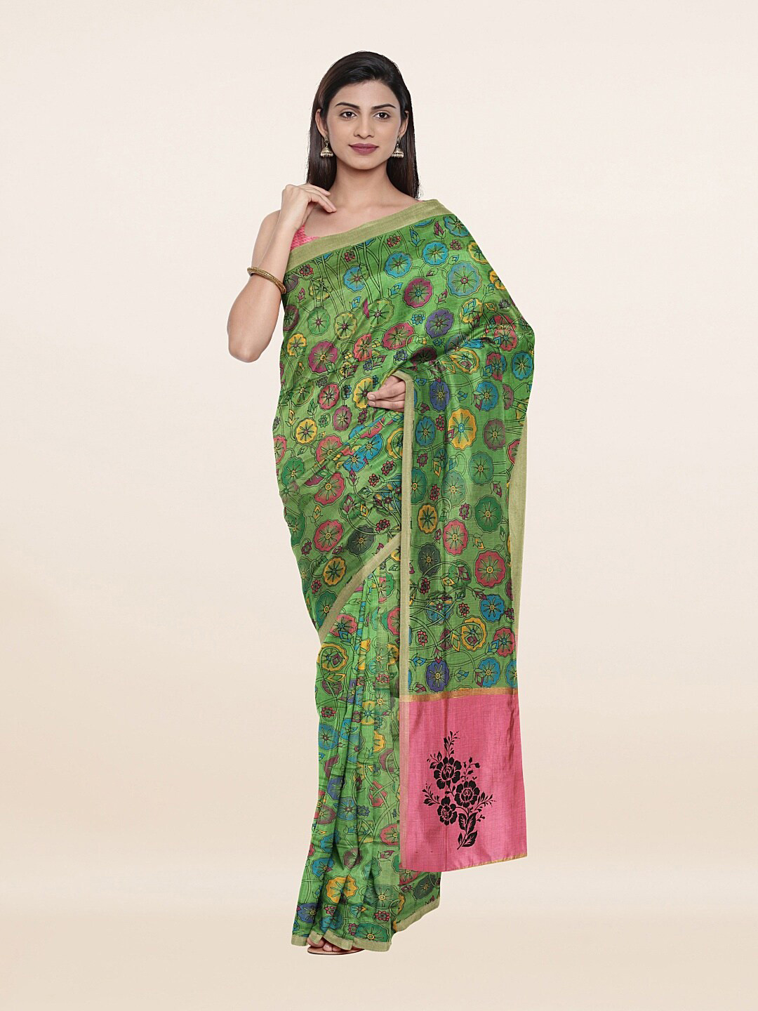 

Pothys Green & Pink Floral Printed Pure Cotton Saree