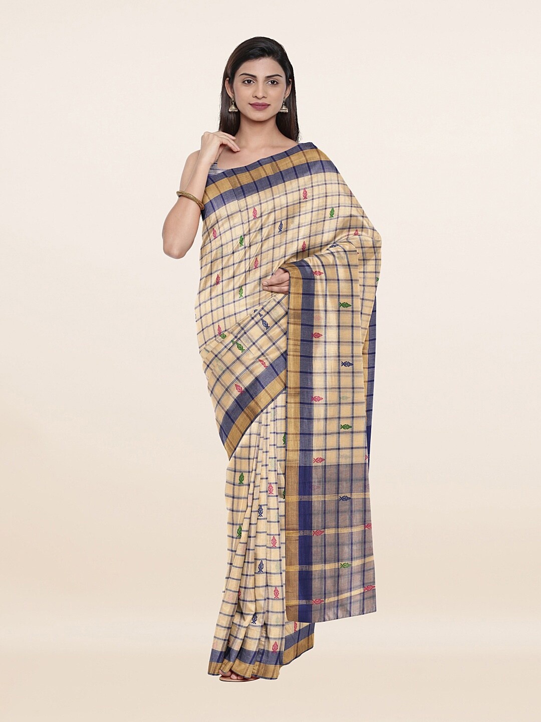 

Pothys Cream-Coloured & Green Woven Deign Pure Cotton Saree