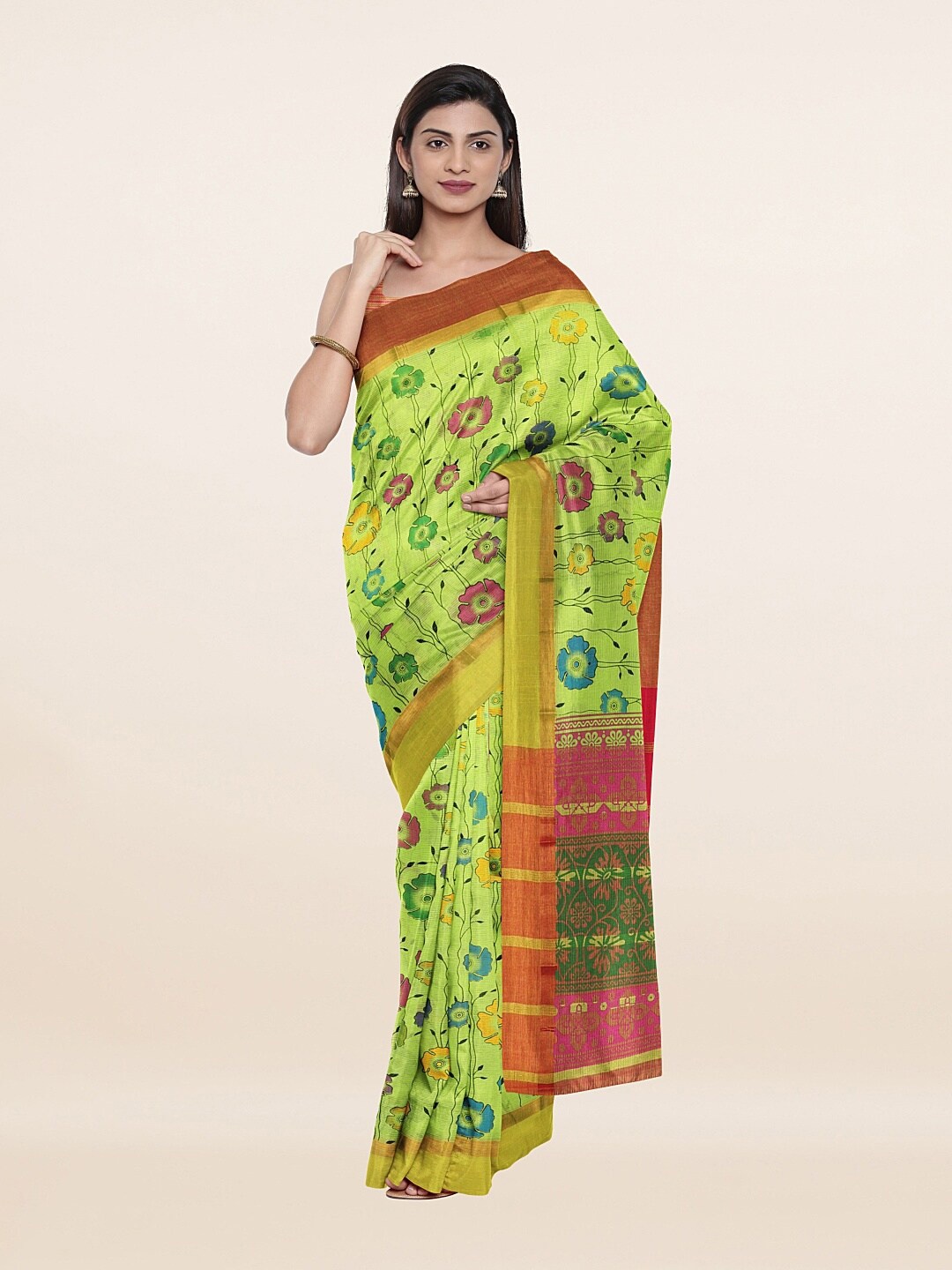 

Pothys Green & Yellow Floral Printed Pure Cotton Saree