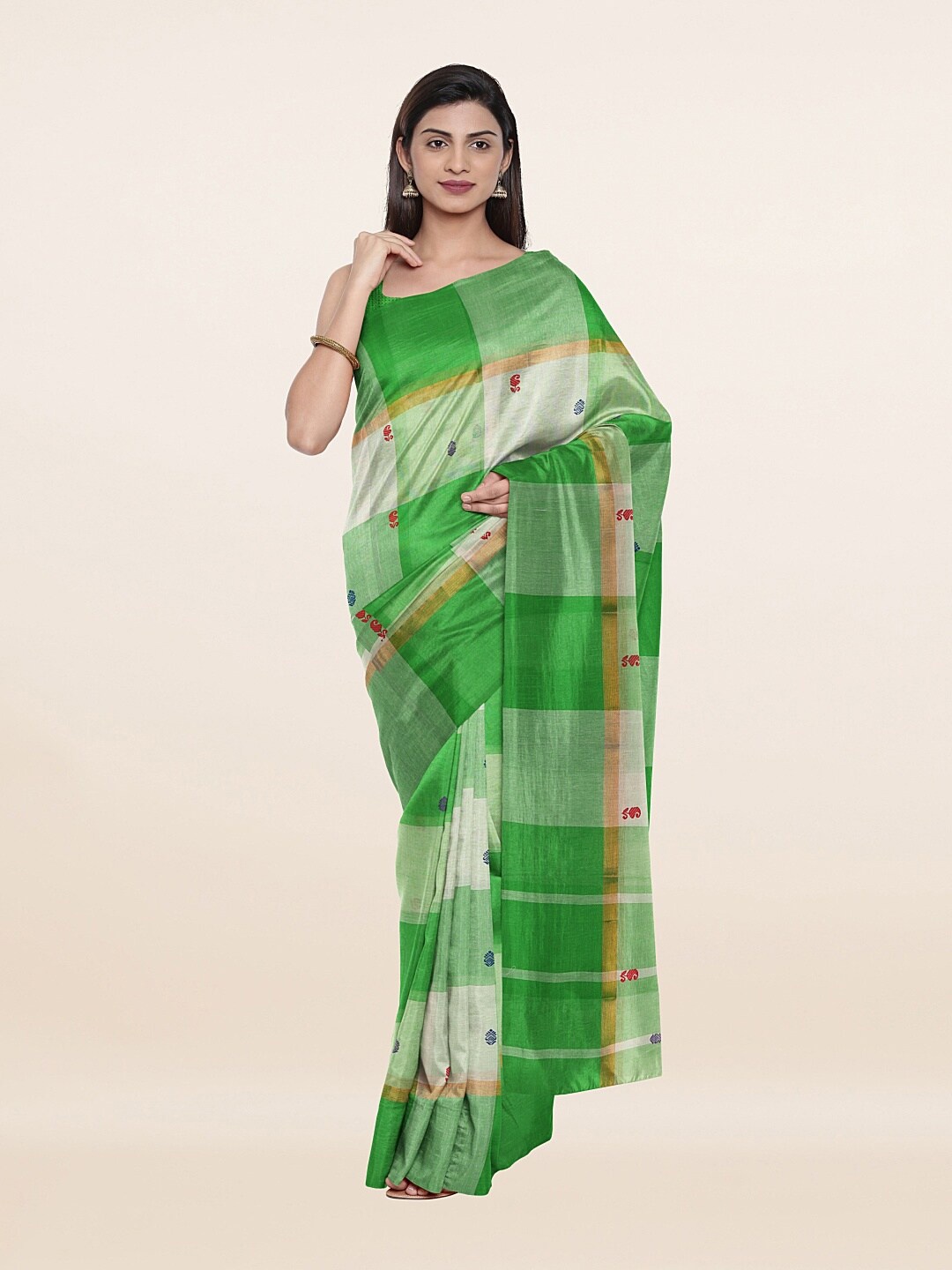 

Pothys Green & White Ethnic Motifs Zari Pure Cotton Saree