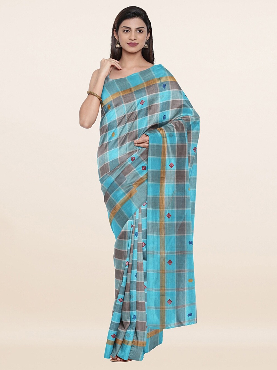 

Pothys Blue & Mustard Checked Zari Pure Cotton Saree