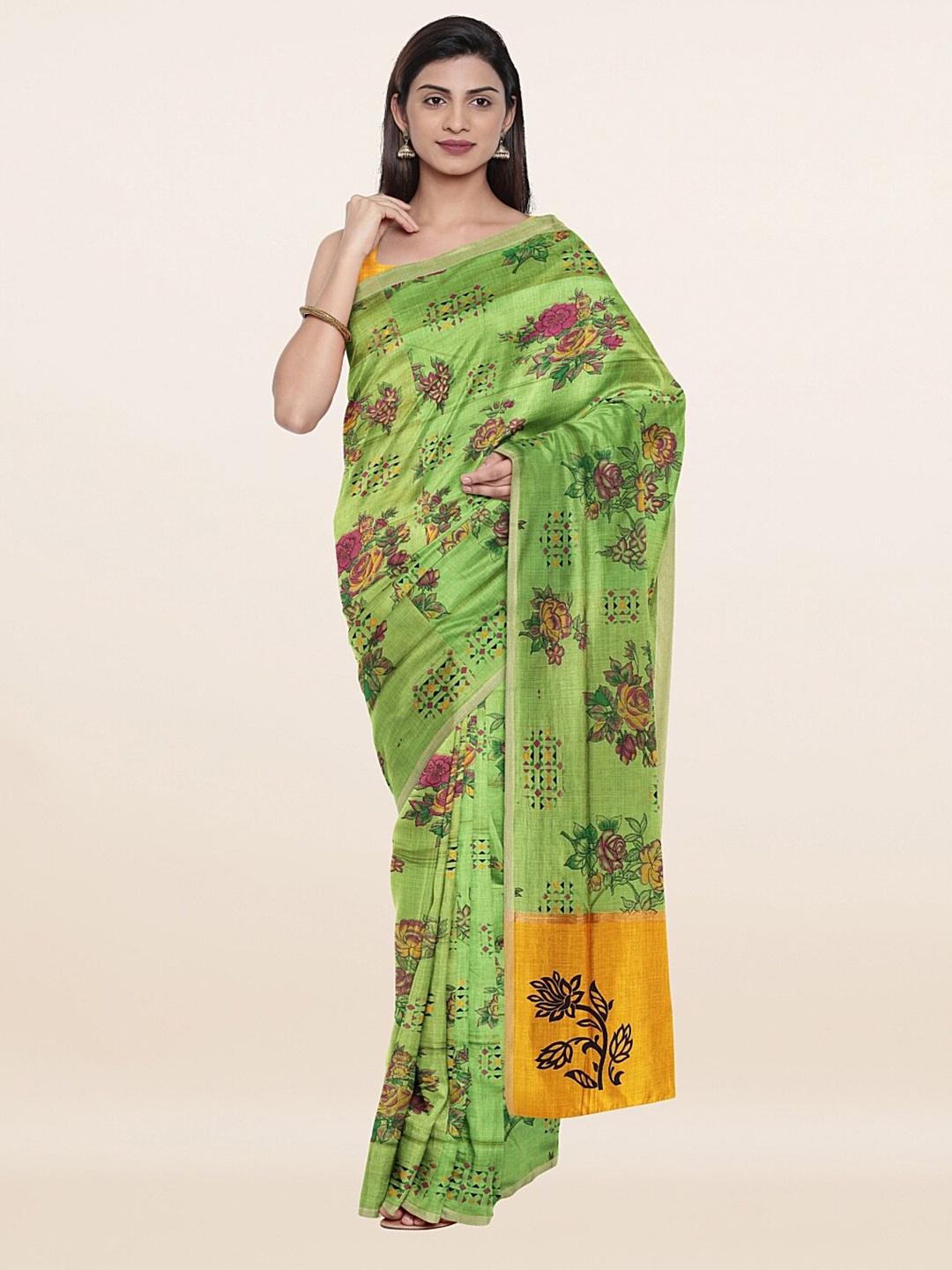 

Pothys Green & Yellow Floral Printed Pure Cotton Saree